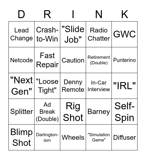 NASCAR Bingo Card