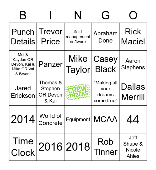 CrewTracks Bingo Card