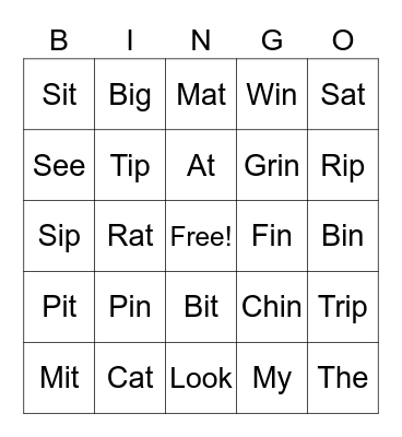 Word Families Bingo Card