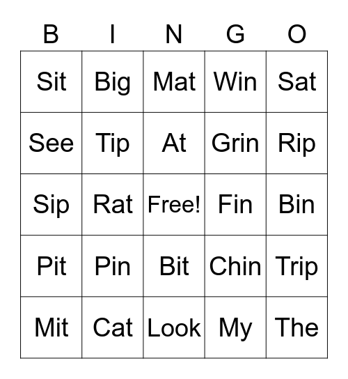 Word Families Bingo Card