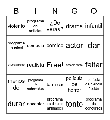 Vocabulario 9A Bingo Card