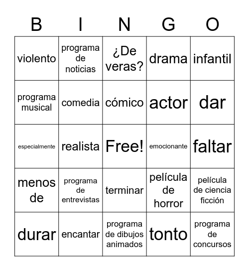 Vocabulario 9A Bingo Card