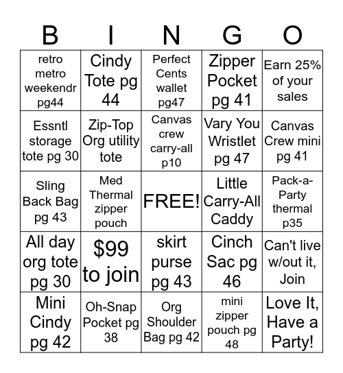 Thirty-One Bingo Card