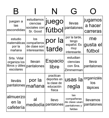 Un diá en la escuela Bingo Card