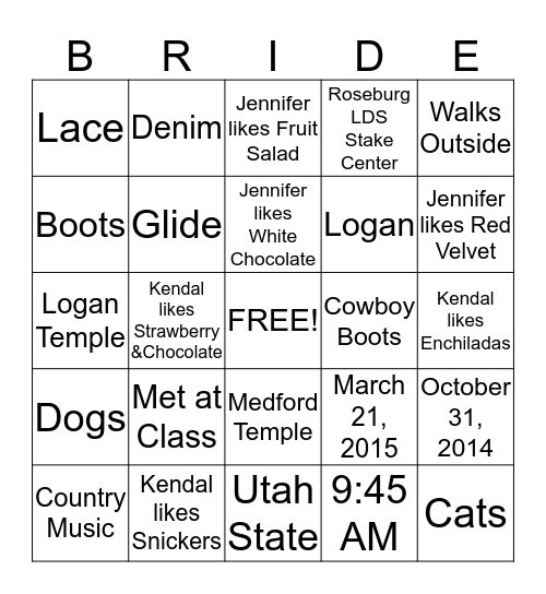 Bridal Shower Bingo Card