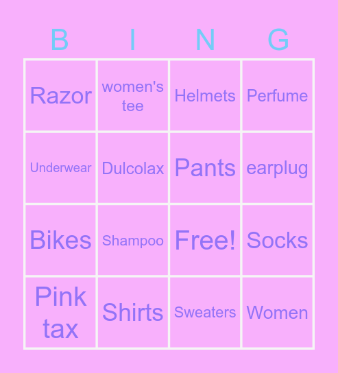 Pink tax Bingo Card