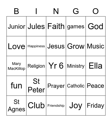 Junior Ministry Bingo Card