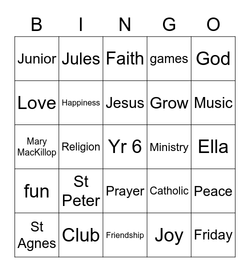 Junior Ministry Bingo Card