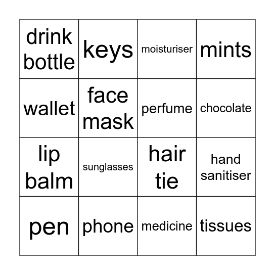 What's in her purse? Bingo Card