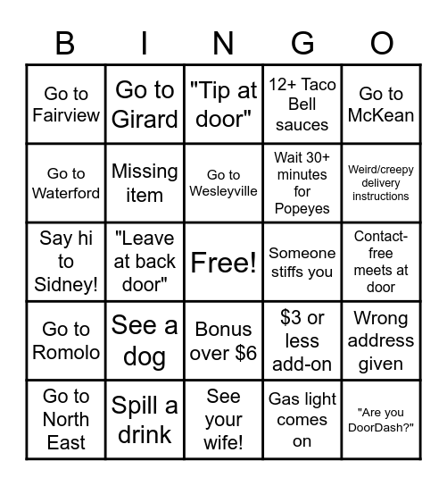 GrubHub Bingo Card