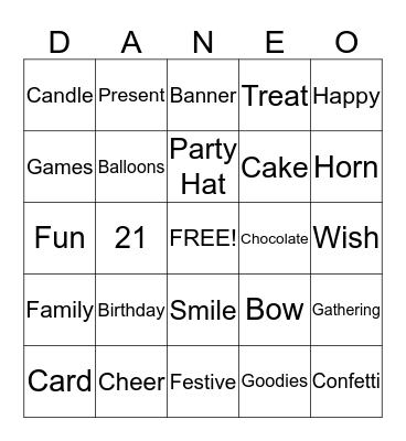 Dane's Birthday Bingo Card