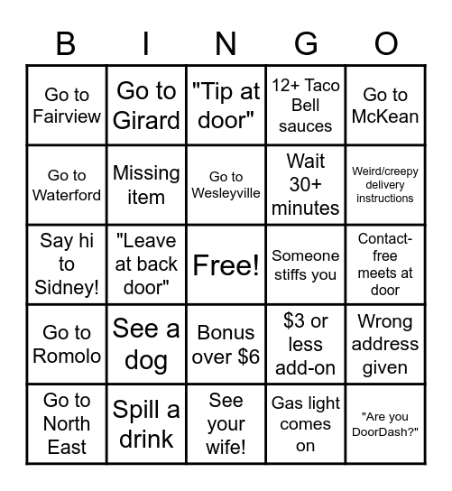 GrubHub Bingo Card