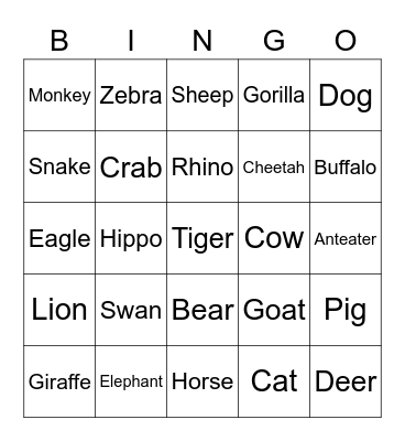 Animal Bingo Card