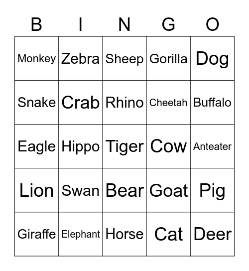Animal Bingo Card