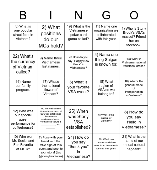 Lucky Saigon Bingo Card