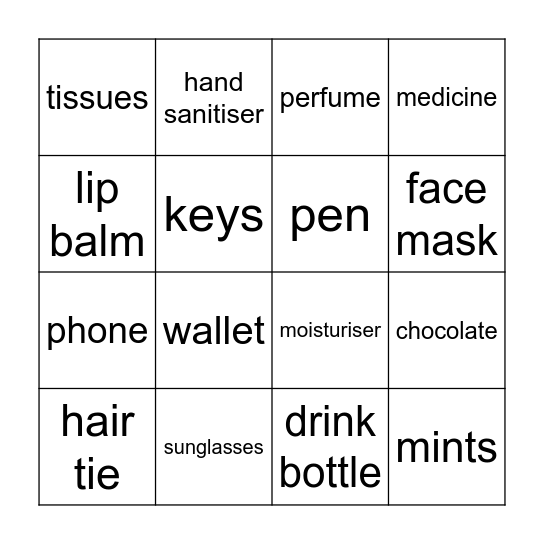 What's in her purse Bingo Card