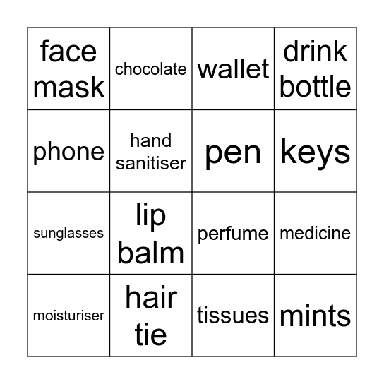 What's in her purse? Bingo Card