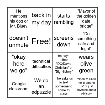 History class with Mr. E Bingo Card