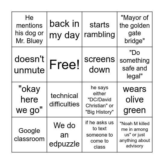 History class with Mr. E Bingo Card