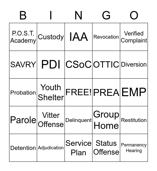 JUVENILE JUSTICE BINGO Card