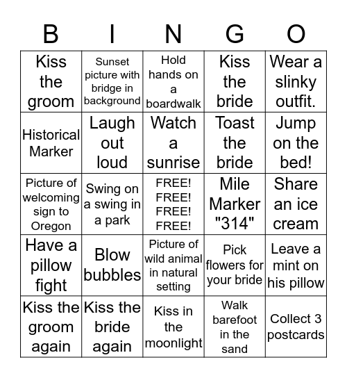 Honeymoon Bingo for Bride and Groom Bingo Card