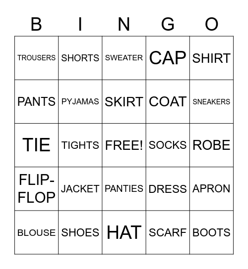 Clothes Bingo Card
