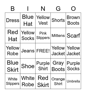 Clothes Bingo Card