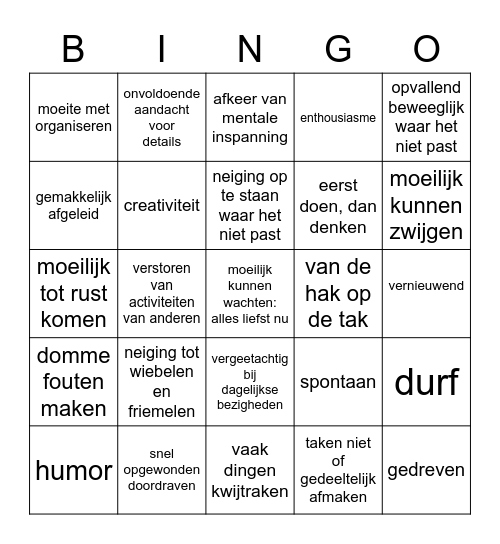 kenmerken ADHD Bingo Card