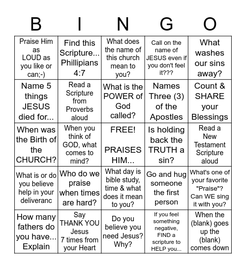 Scripture, Prayer & Praise Bingo Card