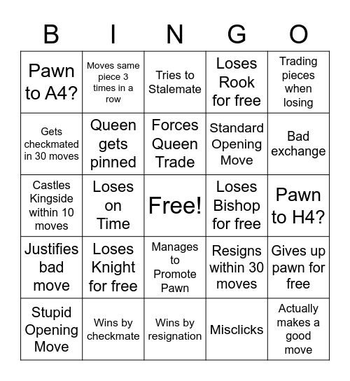 Nick's Chess Game Bingo Card