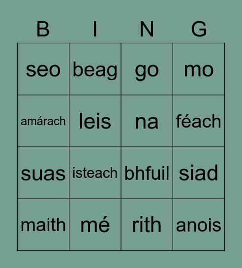Gaeilge 1-40 Bingo Card
