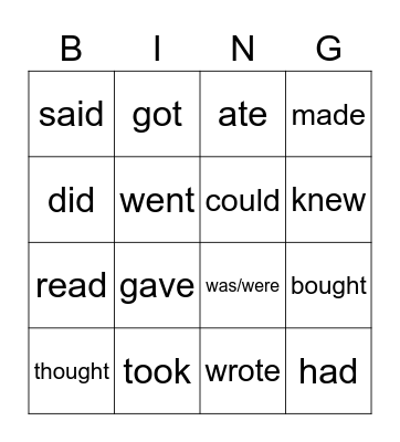 Irregular verbs Bingo Card
