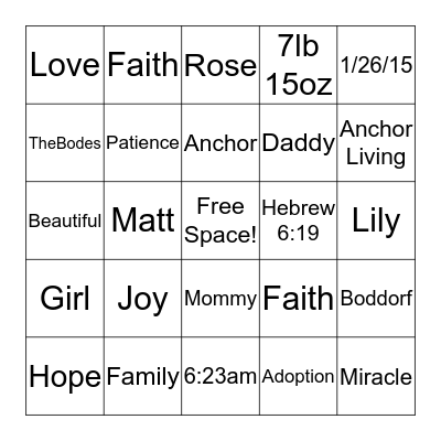 Baby Shower Bingo Card