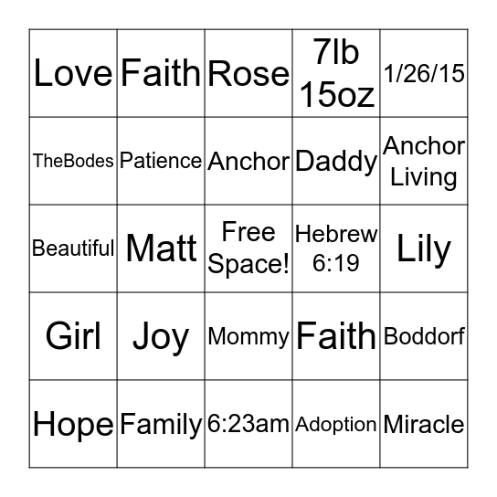 Baby Shower Bingo Card