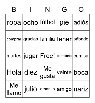 Spanish I Vocabulary Review Bingo Card