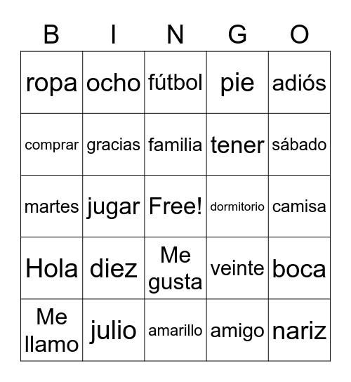 Spanish I Vocabulary Review Bingo Card