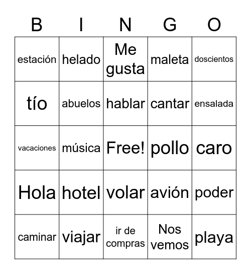 Spanish II Vocabulary Review Bingo Card