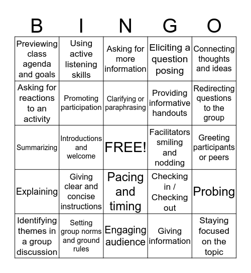 Facilitation skill Bingo  Bingo Card