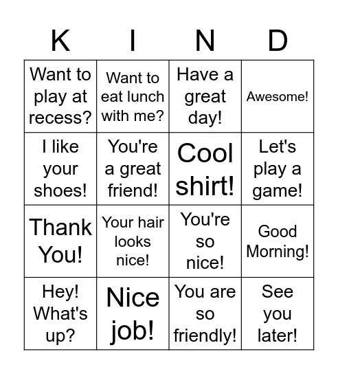 Kind Words Bingo Card