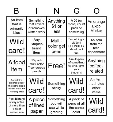 Staples Bingo! Bingo Card