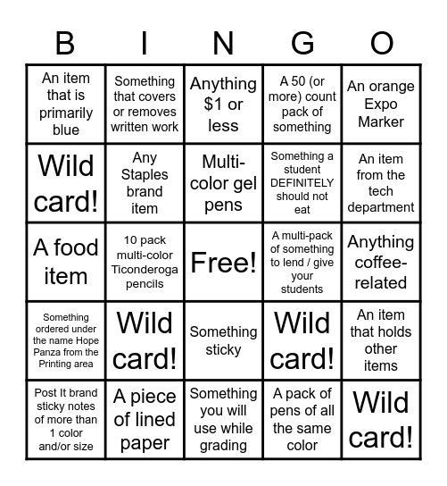 Staples Bingo! Bingo Card