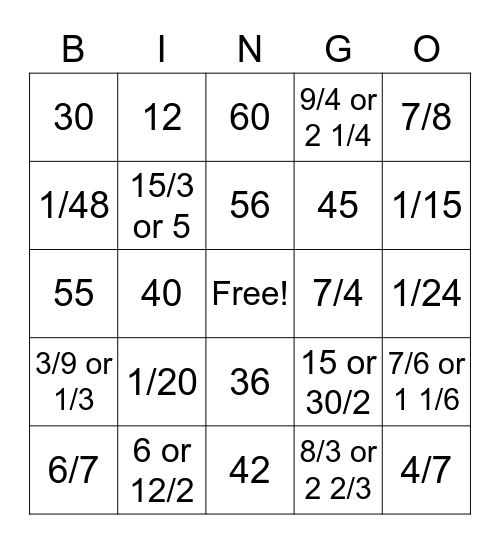 Multiplying and Dividing Unit Fractions Bingo Card
