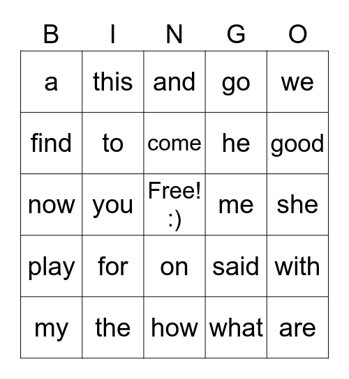 Kindergarten Sight Words Bingo Card