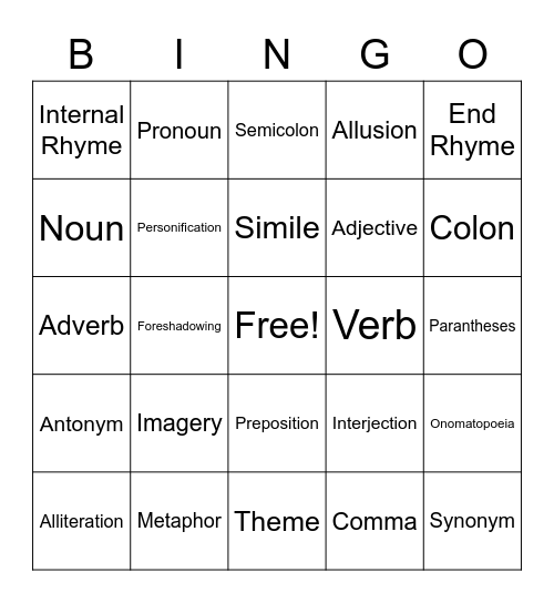 Words in English Class Bingo Card