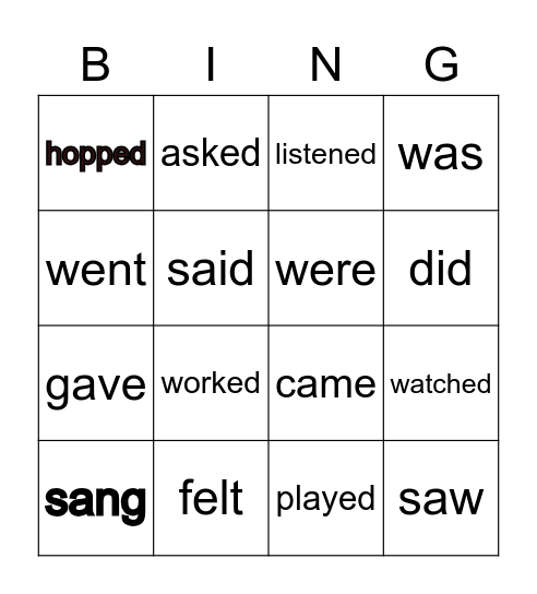 Simple Past Tense Bingo Card