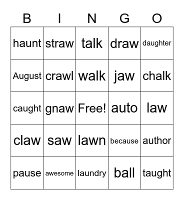 au, aw, augh, al words Bingo Card