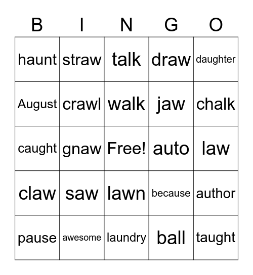 au, aw, augh, al words Bingo Card