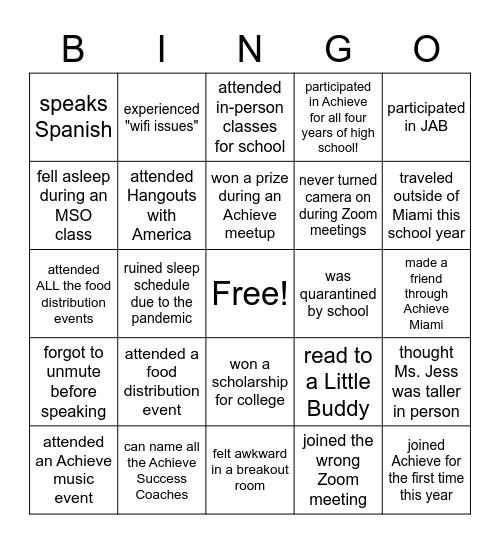 Achieve Virtual High School Bingo! Bingo Card