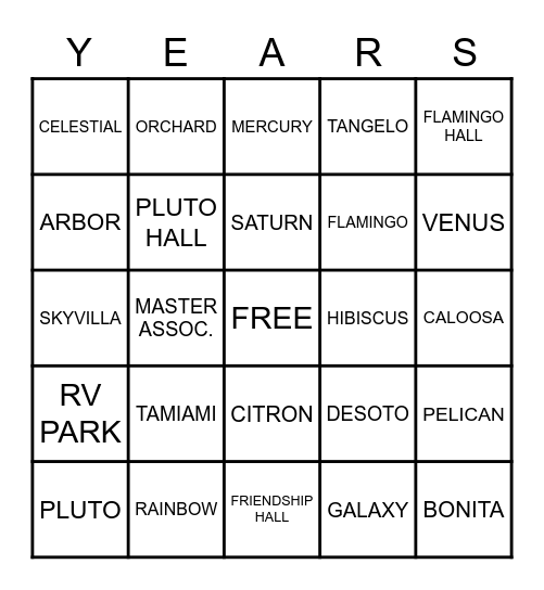 YEARS Bingo Card