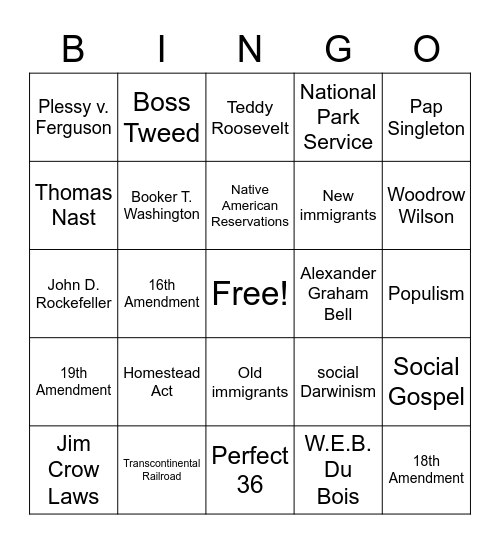 U.S. History - The Gilded Age and Progressive Era Bingo Card
